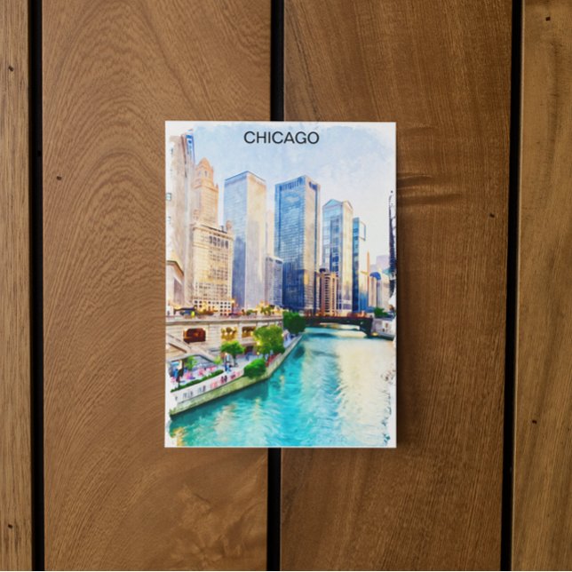 Postal Chicago Illinois Watercolor City View (chicago illinois skyline watercolor postcard)