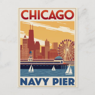 Postal Chicago Navy Pier Skyline Retro