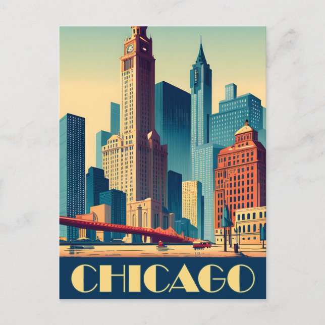Postal Chicago, rascacielos de la ciudad, viajes (Anverso)