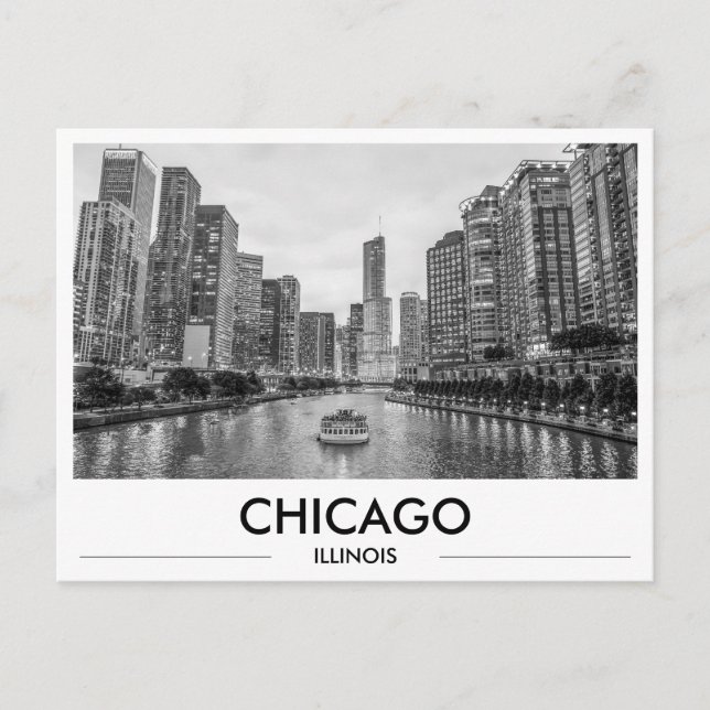 Postal Chicago Riverwalk Black & White Downtown Skyline (Anverso)