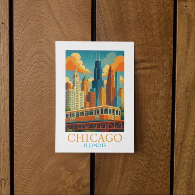 Postal Chicago Skyline Vintage Art - Illinois Travel (Chicago Skyline Vintage Art – Illinois Travel Postcard)
