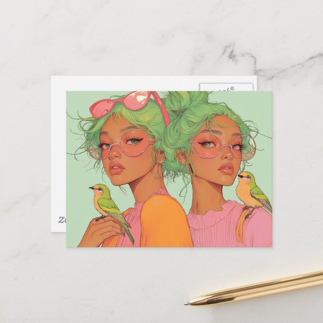 Postal Chicas Caprichosas Con Pájaros (Anverso/Reverso In Situ)