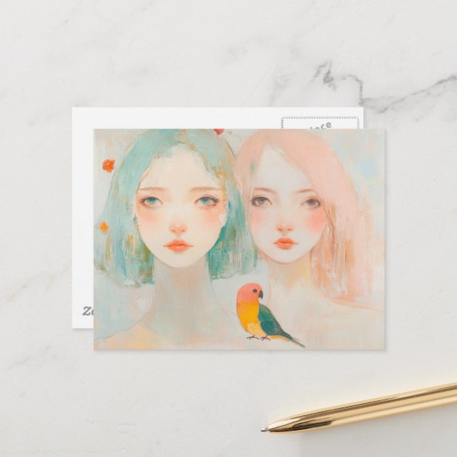 Postal Chicas con fantasía con un pájaro lindo (Anverso/Reverso In Situ)