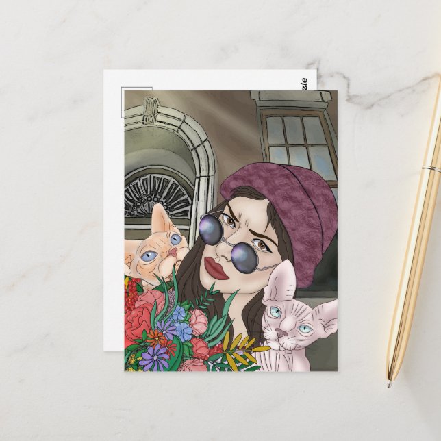 Postal Chicas con gatos Imprimir, Cartel de papel de valo (Anverso/Reverso In Situ)