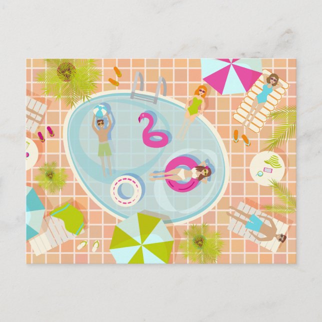 Postal Chicas de bikini y chicos jugando al billar (Anverso)