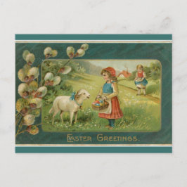 Postal Chicas de la época con corderos en Pascua