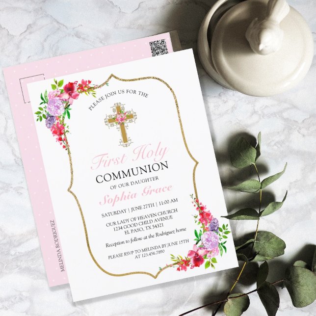 Postal Chicas Elegante Floral Rosa Primera Comunión Santa (Subido por el creador)