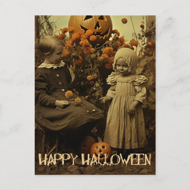 Postal Chicas espeluznantes de Halloween retro con calaba (Anverso)