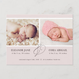 Postal Chicas gemelos rosados modernos con anuncio de nac