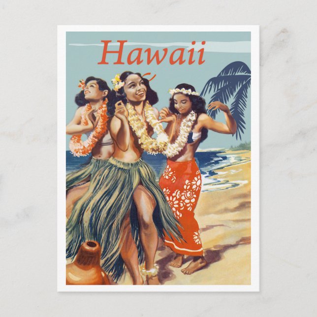 Postal Chicas hula en la playa de Hawaii (Anverso)