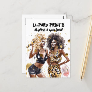 Postal Chicas negras rizadas estampado de leopardo acuare