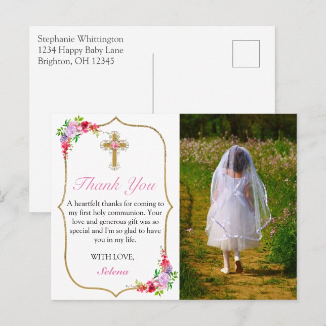 Postal Chicas Primero Bonito de la Santa Comunión. (Anverso / Reverso)