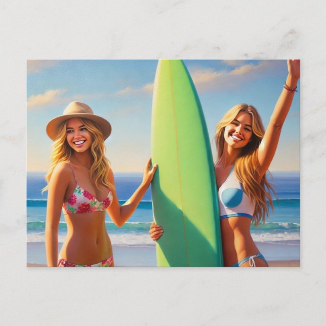 Postal Chicas surfistas con una tabla de surf (Anverso)