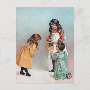 Postal Chicas victorianos con gatito en cesta