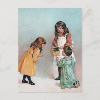 Postal Chicas victorianos con gatito en cesta