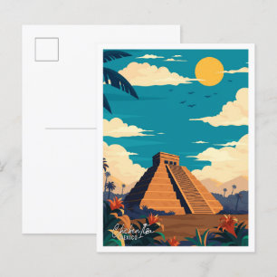 Postal Chichen Itza México Ilustracion de Viajes Vintage