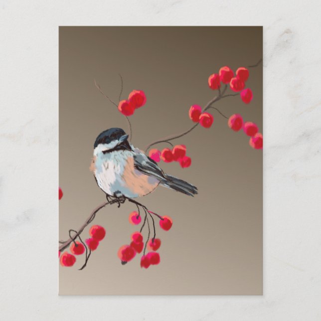 Postal CHICKADEE & RED BERRIES por SHARON SHARPE (Anverso)