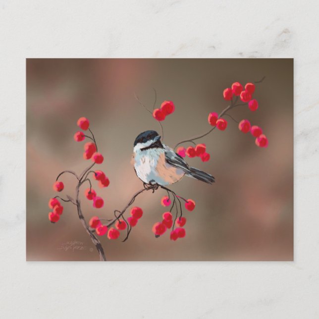 Postal CHICKADEE & RED BERRIES por SHARON SHARPE (Anverso)