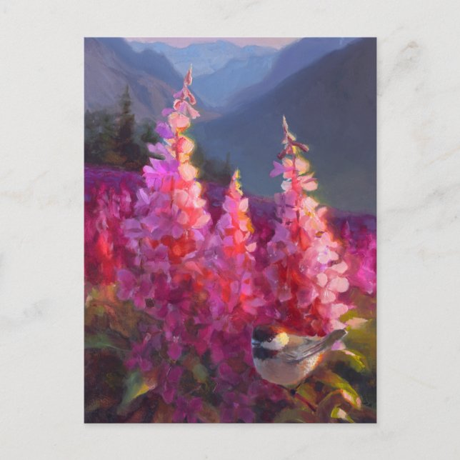 Postal Chickadee sobre flores silvestres de Alaska con mo (Anverso)