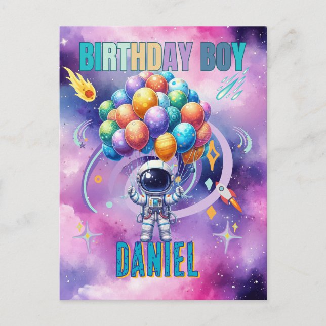 Postal Chico Cumpleaños Astronauta del Espacio Exterior  (Anverso)