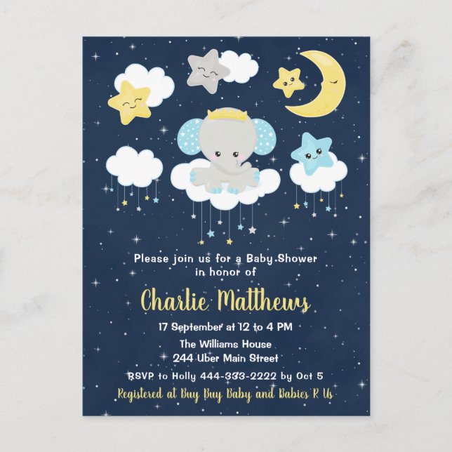 Postal Chico Elefante Baby Shower Azul y Azul Marino (Anverso)