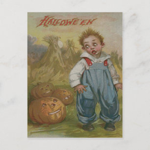 Postal Chico Jack O Lantern Calabaza Montón de Heno Luna