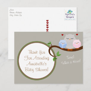 Postal Chico y Chica de búhos gemelos Gracias Postcard