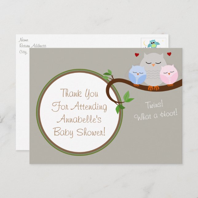 Postal Chico y Chica de búhos gemelos Gracias Postcard (Anverso / Reverso)