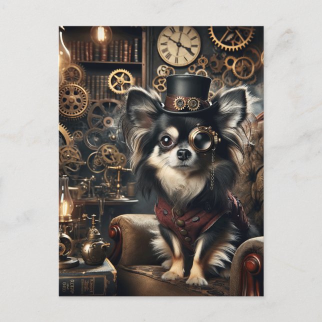 Postal Chihuahua de Steampunk, blanco y negro (Anverso)