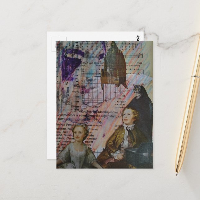 Postal children dance cat bird cage sheet music collage (Anverso/Reverso In Situ)