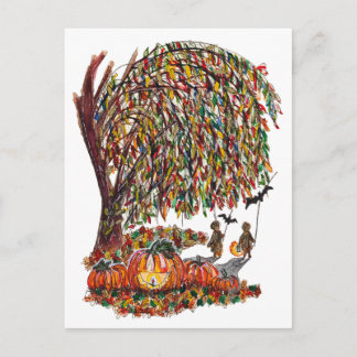 Postal Children Playing Bats Halloween Watercolor