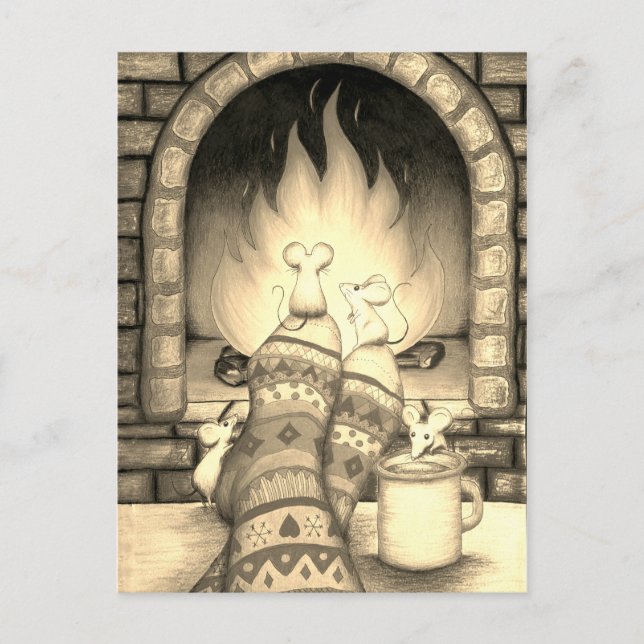 Postal Chimenea Acogedora Ratones con Calcetines Sepia (Anverso)
