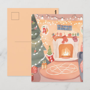 Postal Chimenea de Navidad en acuarela