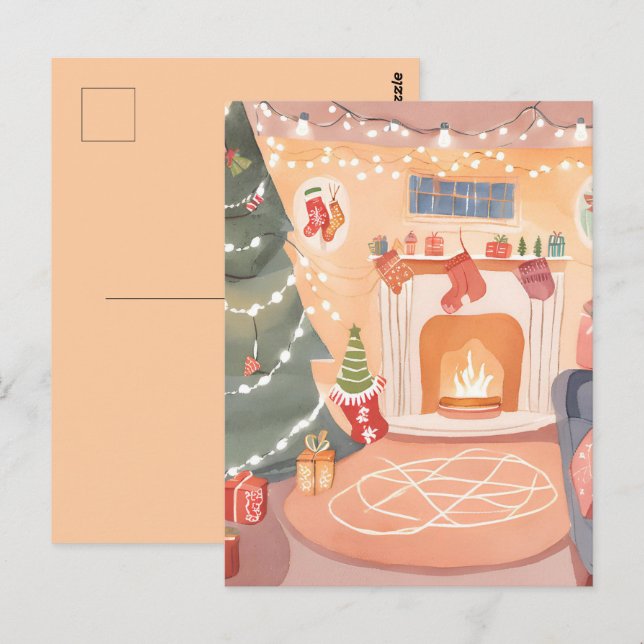 Postal Chimenea de Navidad en acuarela (Anverso / Reverso)