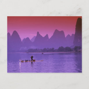 Postal China, Guanxi. Río Li cormorán solitario
