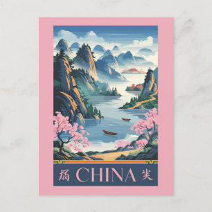 Postal China Ilustracion Viaje rosa Vintage