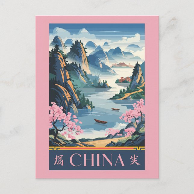 Postal China Ilustracion Viaje rosa Vintage (Anverso)