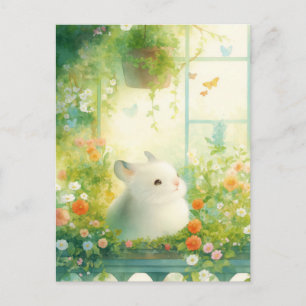 Postal Chinchilla asomándose desde el jardín de flores de