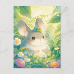 Postal Chinchilla con Corona de Flor Azul en Jardín Solea