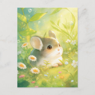 Postal Chinchilla Sentada en Pradera Verde de Flores Silv