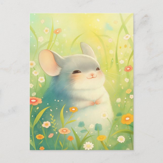 Postal Chinchilla sonriente en pradera soleada de flores  (Anverso)