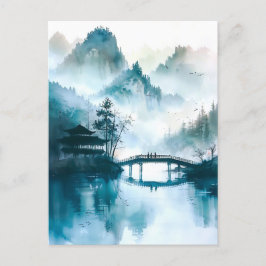 Postal Chinese Bridge in Watercolor at mountain landscape