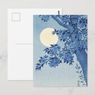 Postal Chinoiserie Azul Marino Flor de Cerezo y Luna Llen