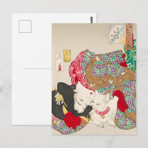 Postal Chinoiserie Dama Japonesa y Gato Arte Kimono