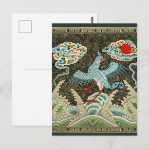 Postal Chinoiserie Patrón de grulla dorada y ola marina