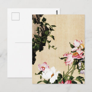 Postal Chinoiserie Rosa Peonía y Pintura de Roca del Erud