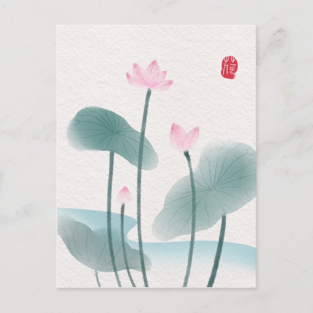 Postal Chinoiserie Tinta china Pintar Lotus Floral (Anverso)