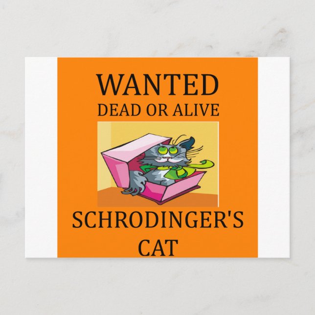 Postal chiste del gato de schrodinger (Anverso)