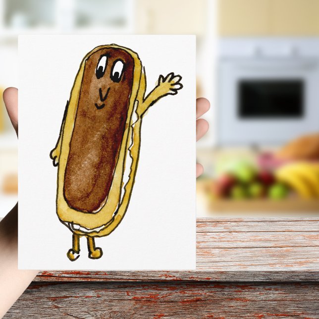 Postal Chocolate divertido Eclair Quirky Pastel Personali (Cute chocolate eclair cartoon watercolor art cake lovers greetings postcard)