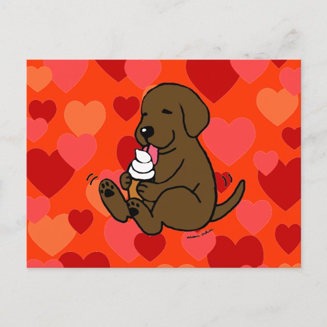 Postal Chocolate Lab Licando helado con corazón (Anverso)
